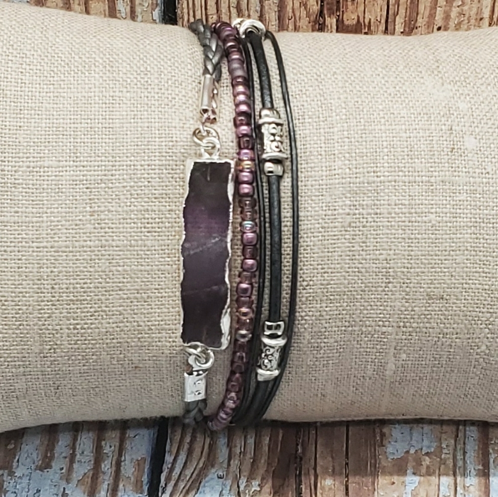 NWOT Handmade Gunmetal Leather and Amethyst Bracelet, Customizable